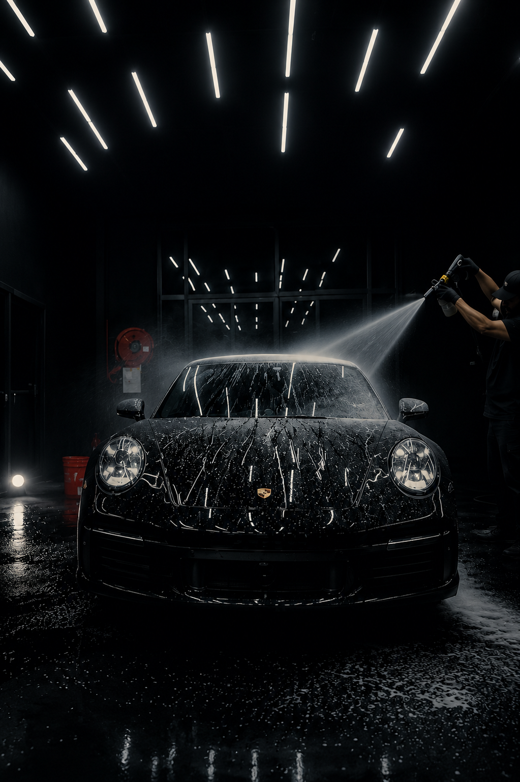 Black Porsche 911 being hand-washed in a premium detailing bay